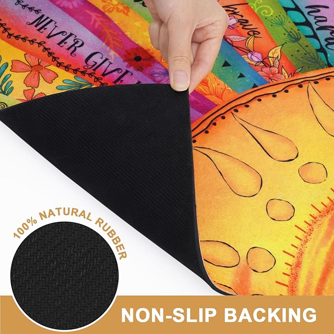 Likiyol Boho Sun Door Mat Outdoor Indoor, Colorful Floral Welcome Doormat with Inspirational Quotes for Front Door, Entryway, Non Slip Washable Rubber Door Rug, Low Profile, Absorbent, 18'' x 30''