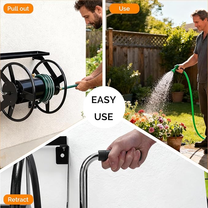 VINGLI Garden Hose Reel, Wall Mount Water Hose Reel for Garden Outside with Heavy Duty Space Saving Rolling Design Metal, 175FT Capacity for 3/4" Hose for Outdoor Use (Black)