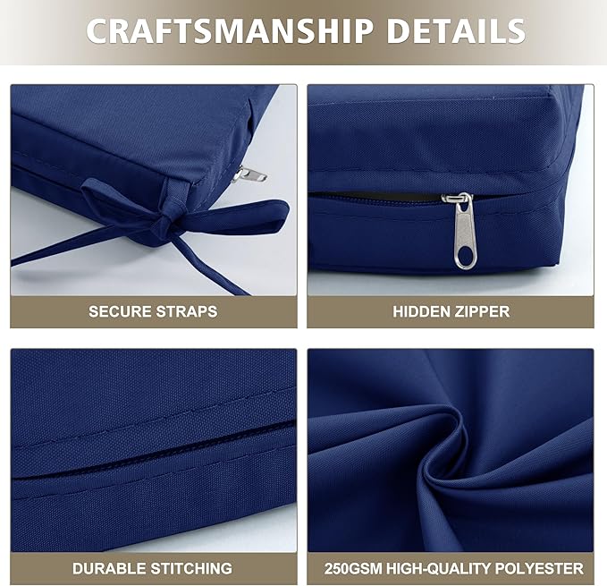 Outdoor Bench Cushion Waterproof 48"x18" – Fade-Resistant Patio Furniture Cushion with Ties for Porch Swing, Loveseat, or Indoor Bench Replacement, Navy Blue
