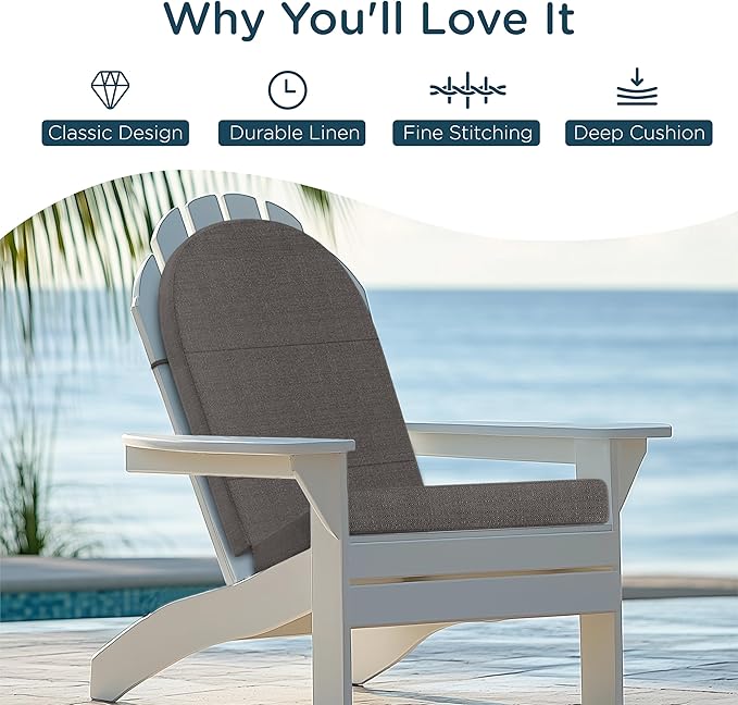 Codi Adirondack Chair Cushion – Outdoor Rocking Seat Cushions for Patio & Porch, Fade Resistant Waterproof Fabric with Ties, Grey