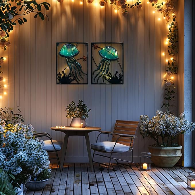 LIFFY Metal Jellyfish Wall Decor with Frame-Outdoor Wall Art,Jellyfish Wall Decor with LED Fairy Light,Glass Art Wall Sculpture, Wall Decor for Pool,Beach Wall Hanging, Home Gifts(2pcs, Blue)