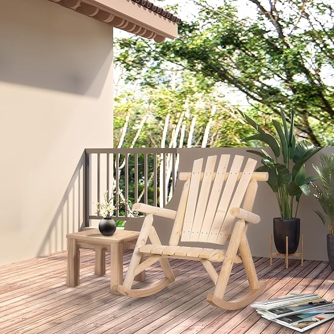 Outsunny Outdoor Wooden Rocking Chair, Single-Person Rustic Adirondack Rocker with Slatted Seat, High Backrest, Armrests for Patio, Garden and Porch, Natural