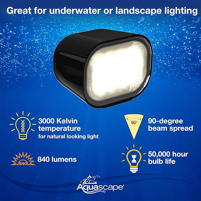 Aquascape Wide-Angle Underwater LED Light, 8-Watt, Smart Control Compatible, Expansive 90° Beam, Rock Wall Mountable, 84077