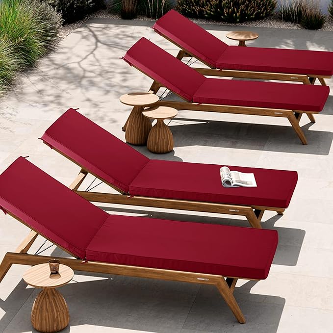 Chaise Lounge Cushion Outdoor, Waterproof and Stain-Resistant Lounge Deck Reclining Chair Cushions for Patio Furniture Lawn Pool Resort Hotel, 80x26x3 Inch, Set of 4, Burgundy