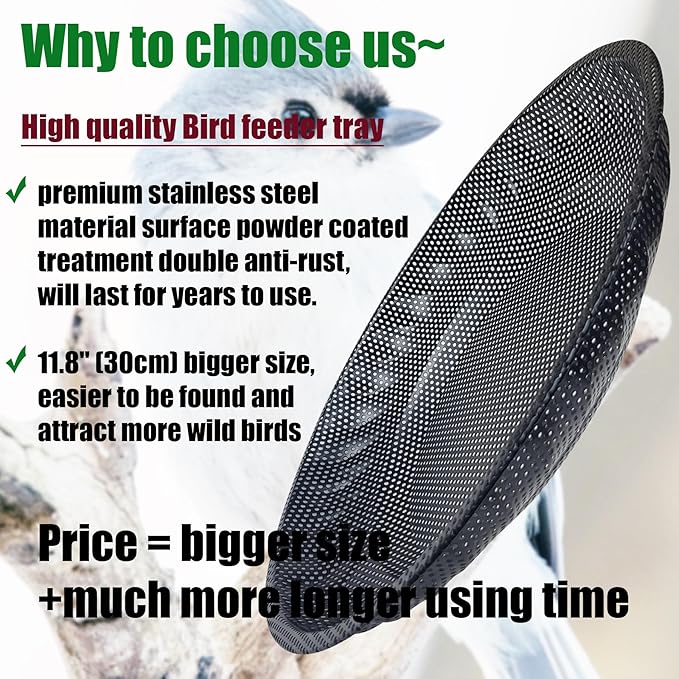 Upgraded Hanging Bird Feeder Tray,11.8” Stainless Steel Large Platform Metal Mesh Seed Tray for Backyard Garden Attracting Outside Wild Birds