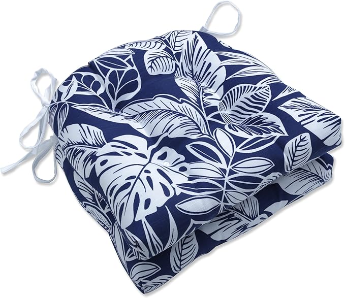 Pillow Perfect Tropic Botanical Indoor/Outdoor Tufted Wicker Seat Cushion with Ties, 2 Count, 15.5" x 16", Blue Delray Navy