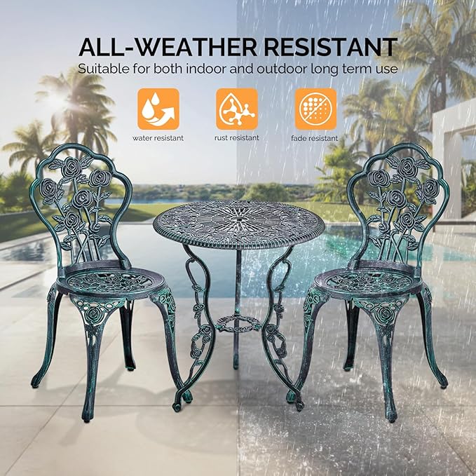VINGLI 3 PCS Outdoor Bistro Set, Outdoor Patio Set, All-Weather Cast Aluminum Bistro Table Set, Bistro Table and Chairs Set of 2 for Backyard, Garden, Balcony (Green, Rose)