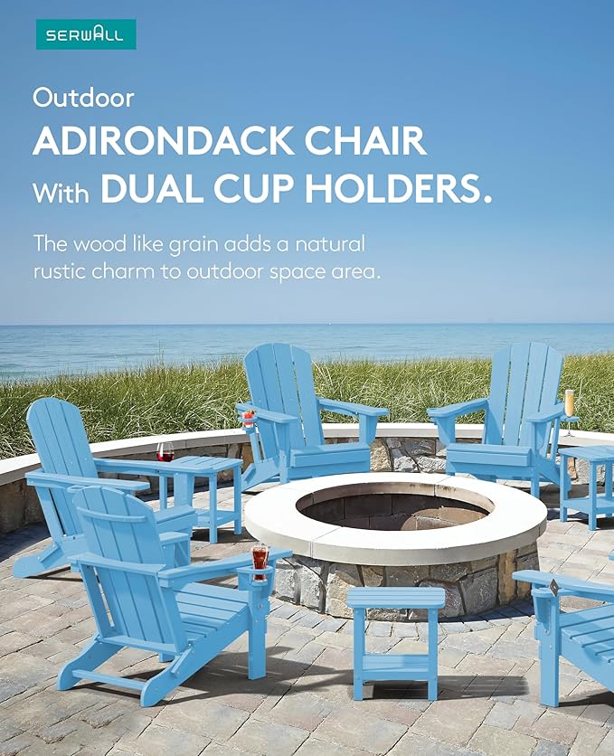 SERWALL Adirondack Chair with Cup Holders - Composite Adirondack Chairs HDPE Outdoor Chairs All Weather Use- Light Blue