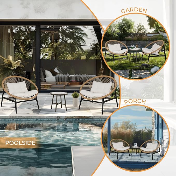 Grand patio 3-Piece Outdoor Furniture Set, Wicker Oversized Patio Chairs with Side Table & Thick 4.75" Cushions for Backyard, Garden, Deck