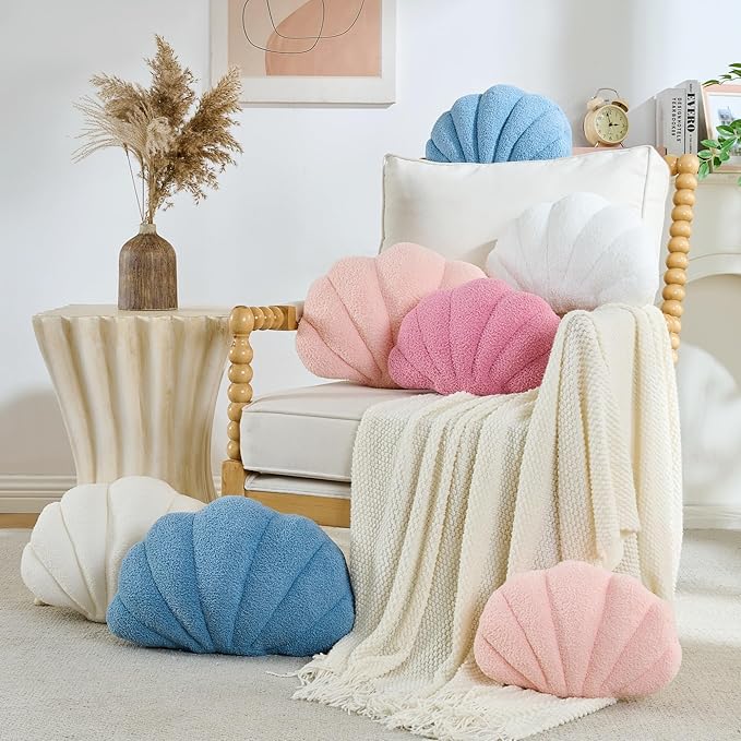 Shell Pillow Seashell Decorative Pillow Ivory White Beachy Coastal Shell Shaped Throw Pillows 13x10 Inch Soft Ocean Beach Sea Shell Plush Pillows Cushion for Bed Couch Living Sofa Room Decor