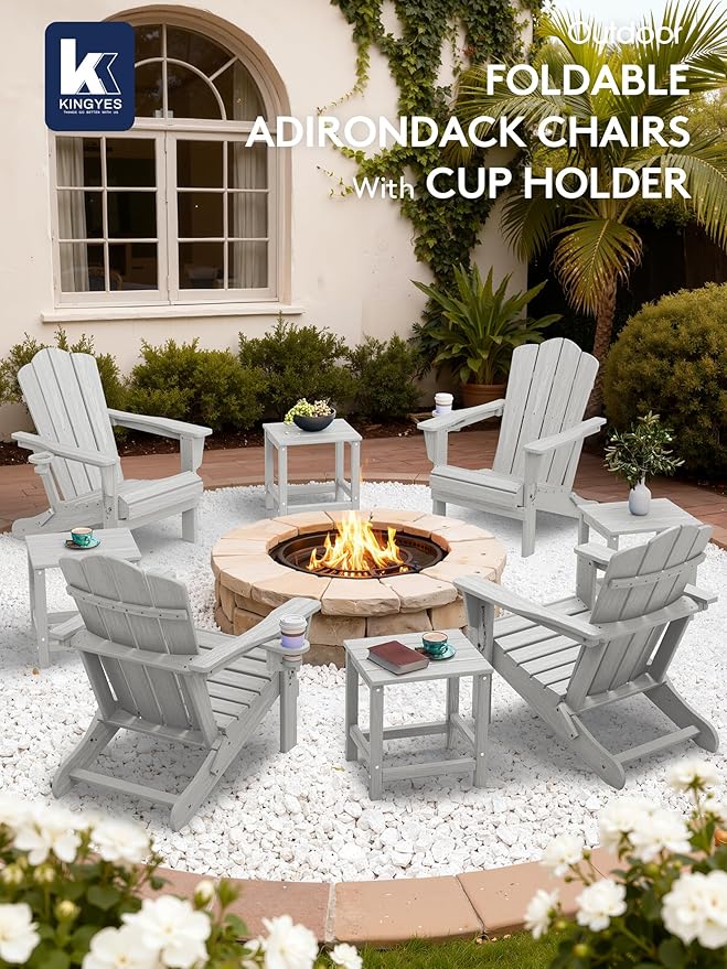 KINGYES Folding Adirondack Chair, HDPE All-Weather Patio Chairs with Cup Holder, Wooden Textured Fire Pit Chairs for Poolside, Backyard, Deck, Silver Grey