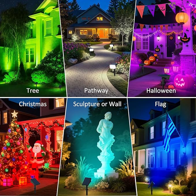 T-SUNUS RGB Solar Landscape Spotlights Christmas Outdoor, IP65 Waterproof Color Spot Light Auto Dusk to Dawn Landscaping Wall Lights for Tree Yard Garden Driveway Porch Walkway Pond Halloween 4 Pack