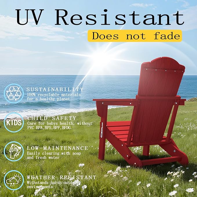 Folding Adirondack Chair Set of 4,HDPE All-Weather Outdoor Chair with Cup Holder,Wooden Textured,Fire Pit Chair,Plastic Patio Chair for Deck,Backyard,Garden,Lawn(Red)