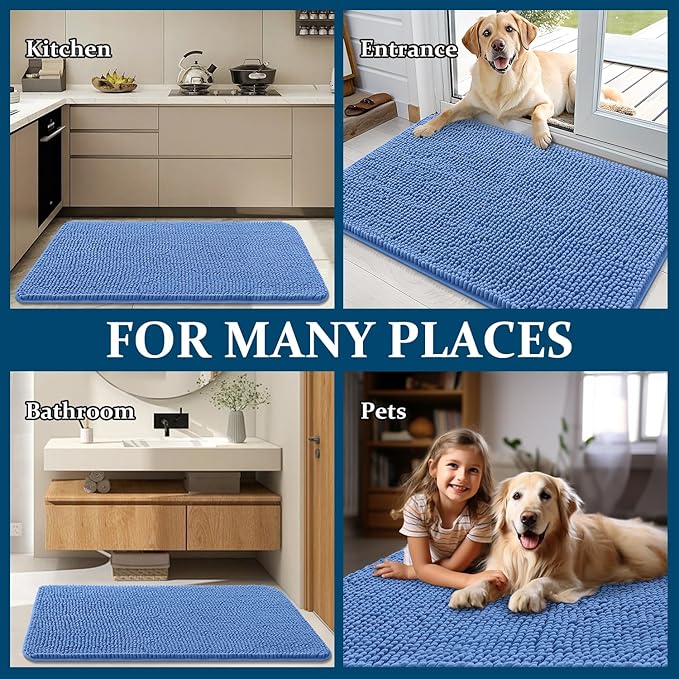 OLANLY Dog Door Mat for Muddy Paws 40x32, Absorbs Moisture and Dirt, Absorbent Non-Slip Washable Doormat, Quick Dry Chenille Mud Mat, Entry Indoor Entryway Carpet for Inside Floor, Cornflower Blue