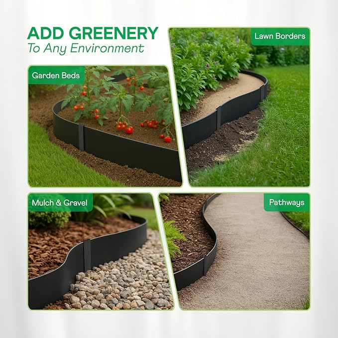 IDZO Black Metal Landscape Edging 6" H, Weather-Resistant Steel Garden Border, Flexible Lawn Barrier, Easy Installation for Flower Beds, Paths, Driveways, and Outdoor Spaces - 6 Pieces