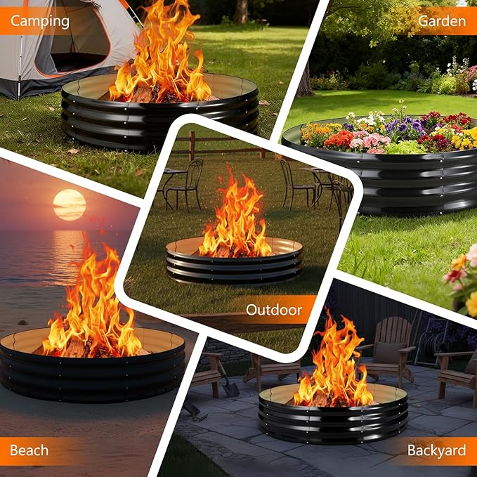 60 Inch Large Round Fire Ring Pit, Outdoor Bonfire Rings for Wood Burning, Galvanized Steel Fire Pit Portable for Backyard, Camping, Patio, Beach (5×5×1 FT, Black)
