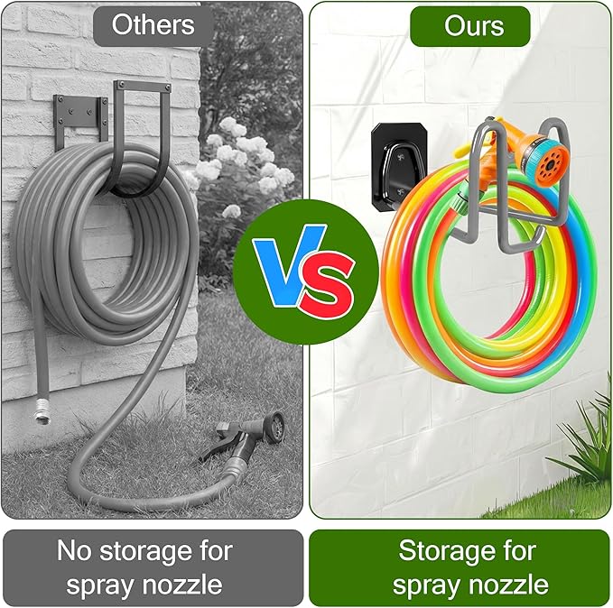Garden Hose Holder with Hook - Heavy Duty Garden Hose Hanger with Sprayer Storage Design, Wall Mount Water Hose Storage for Outside Yard Lawn and Garage