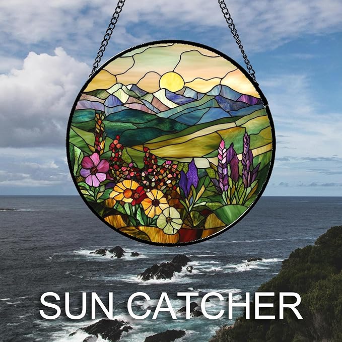 Stained Glass Window Hanging Purple Wildflowers Pastoral Scenery 9.8" - Suncatcher Door Garden Sun Catcher Home Decor Birthday Christmas for Mom Men Woman Friend