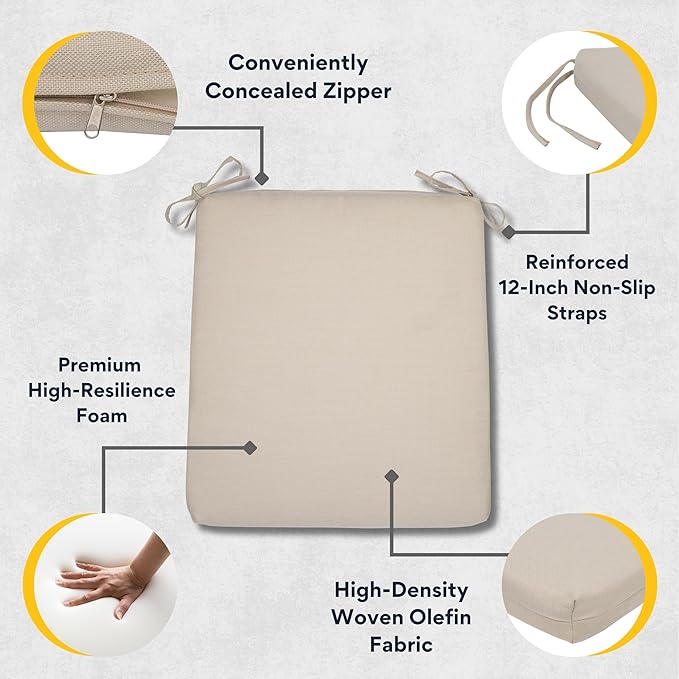Shine Company Weather-Resistant Outdoor Rocking Chair Seat Cushions, 22"x20", Performance Fabric with Foam Core, Removable Cover with Ties, Set of 2, Khaki