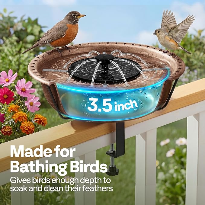 VIVOHOME Deck Mounted Bird Bath with Solar Fountain, Outdoor ABS Birdbath Bowl with Adjustable Metal Clamp, Solar Powered Pump for Railing, Fence, Balcony, 1.45 Gallons, Bronze