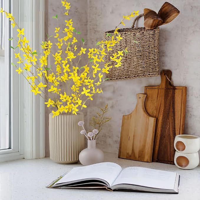 CISDUEO 3 Pcs Artificial Forsythia Flower Branches Artificial Flowers Yellow Silk Long Stem 39.4 Inch Fake Jasmine Spring Flowers Artificial Orchids for Wedding Floral Arrangement Party Table Decor