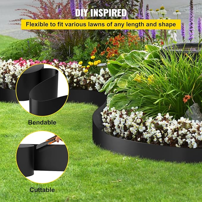 VEVOR Landscape Edging, 10 inch Depth 300 ft Total Length, Recycled HDPE Coiled Terrace Board, Flexible Bender Border for Landscaping, Lawn, Garden, Yard, Against Invading Weeds, Black
