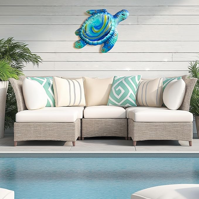 LIFFY Metal Fish Wall Decor with Frame-Outdoor Wall Art, Wall Decor with LED Fairy Lights, Fish Glass Art Wall Sculpture for Patio,Beach,Garden,Yard,Pool,home gift(2pcs, Blue) (Light Turtle)