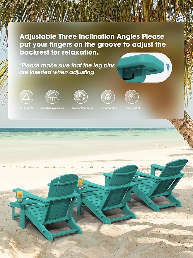KINGYES Folding Adjustable Adirondack Chair with Retractable Ottoman Set of 6, HDPE All Weather Chair with Cup Holder - Recliner Adirondack Chair, Aruba