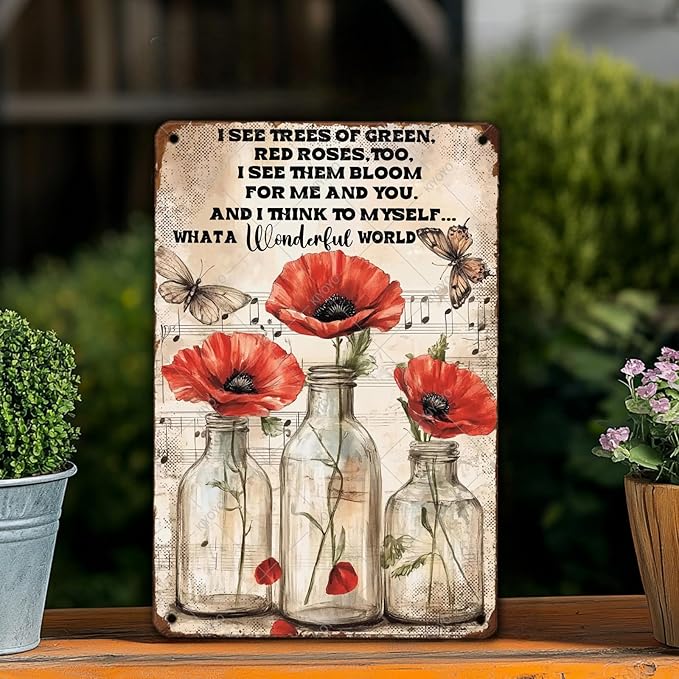 Vintage Metal Signs What A Wonderful World Sign Funny Tin Sign Retro Wall Decor for Home Bar Farmhouse Yard Garden Shop Cafe Indoor Outdoor 16x12 Inch