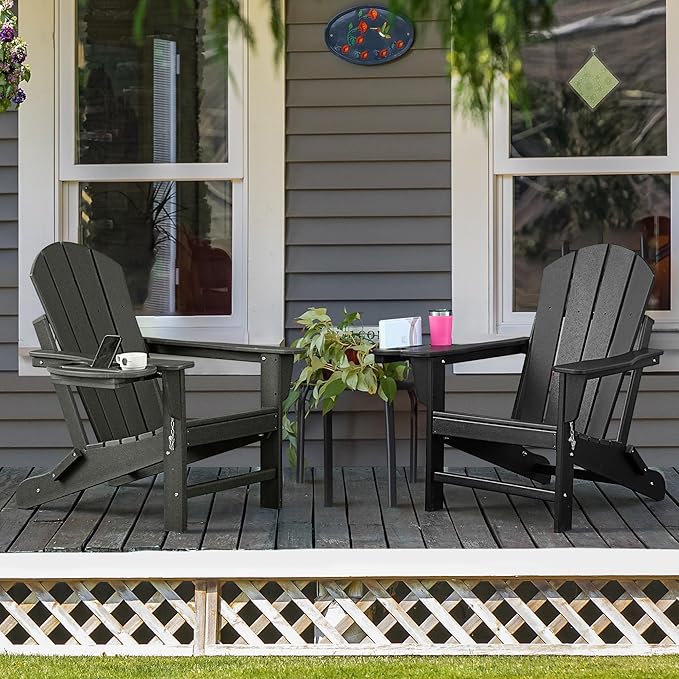 Adirondack Chair Set of 2, HDPE Folding Adirondack Chair with Multifunctional Cup Holder, Weather Resistant Fire Pit Chair for porches, patios, patios, poolsides, Decks.