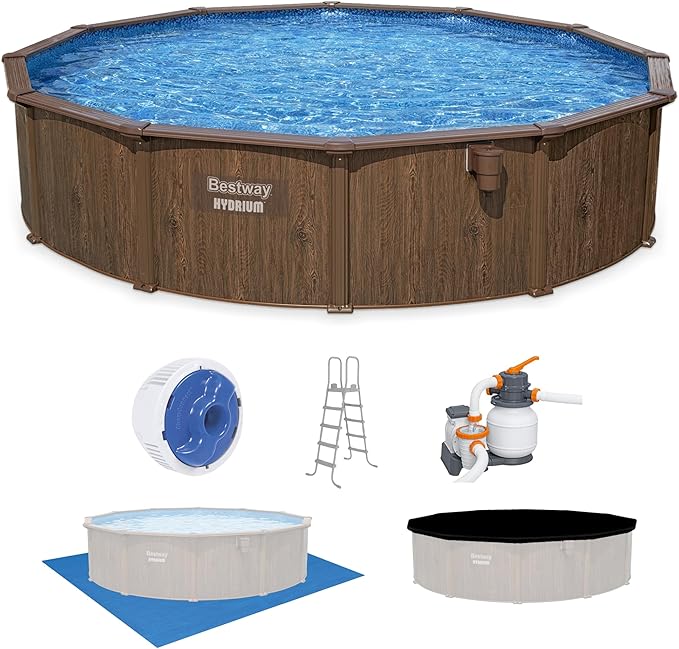Bestway Hydrium 18' x 52" Above Ground Pool, Round Steel Side Wall Frame Outdoor Swimming Pool Set with Sand Filter Pump, Ladder & Accessories