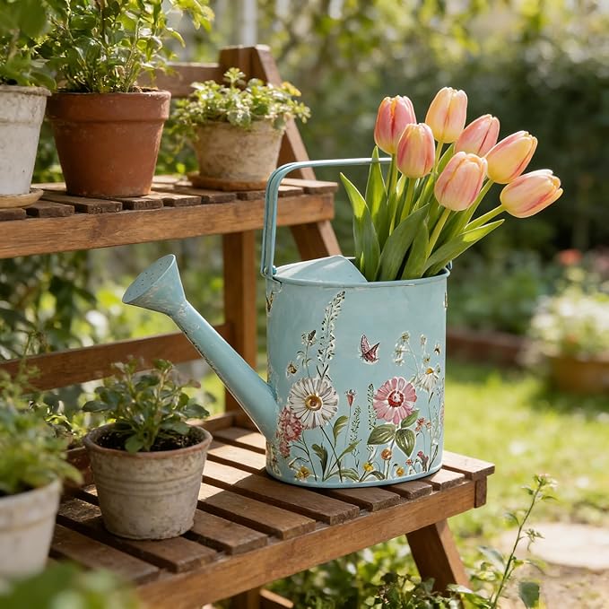 Vintage Floral Metal Watering Can for Indoor/Outdoor Plants, Blue Functional Garden Waterer with Long Spout, Garden Water Pot Rustic Decor for Home Garden Patio