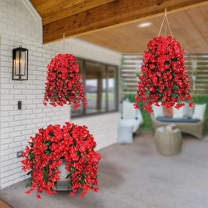 Sggvecsy Artificial Fake Hanging Flowers Plants for Outdoor Outside Spring Summer Decoration 2PCS Faux Silk UV Resistant Realistic Morning Glory Trailing Vines for Home Porch Patio Balcony(Red)