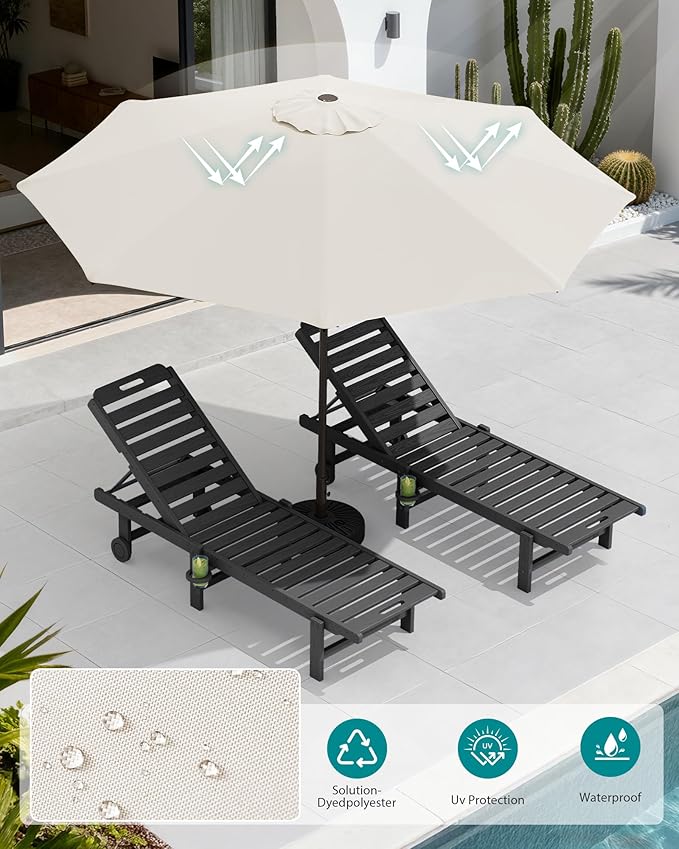 SERWALL Outdoor Chaise Lounge Set of 2 with 9FT Patio Umbrella, HDPE Pool Lounge Chair with 5-Position Adjustable Backrest, Patio Lounger with Rolling Wheels & Cup Holder for Pool, Grey