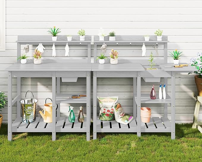 SERWALL Outdoor Potting Bench with Removeable Sink,Rot-Resistant HDPE Potting Table for Outside Gardening, All Weather Use - Spanish Gray