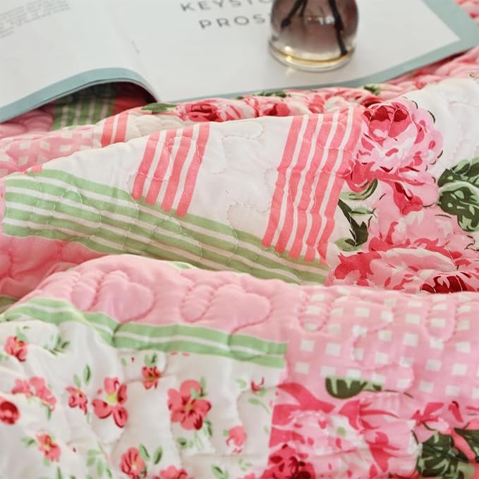 Cmfshape Floral Bedspread with 1 Pillow sham-Twin Size,Patchwork Pink Quilt Set 2 Piece,Summer Quilt for Girls Women,Lightweight Reversible Bed Coverlet for All Seasons(Twin68 x86 Pink)