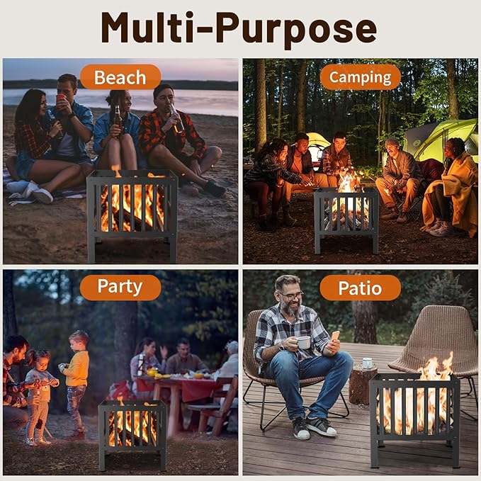 16-Inch Square Steel Grating Fire Pit in Black - Portable and Durable,Perfect for Backyard, Camping, and Bonfire Gathering Outdoor