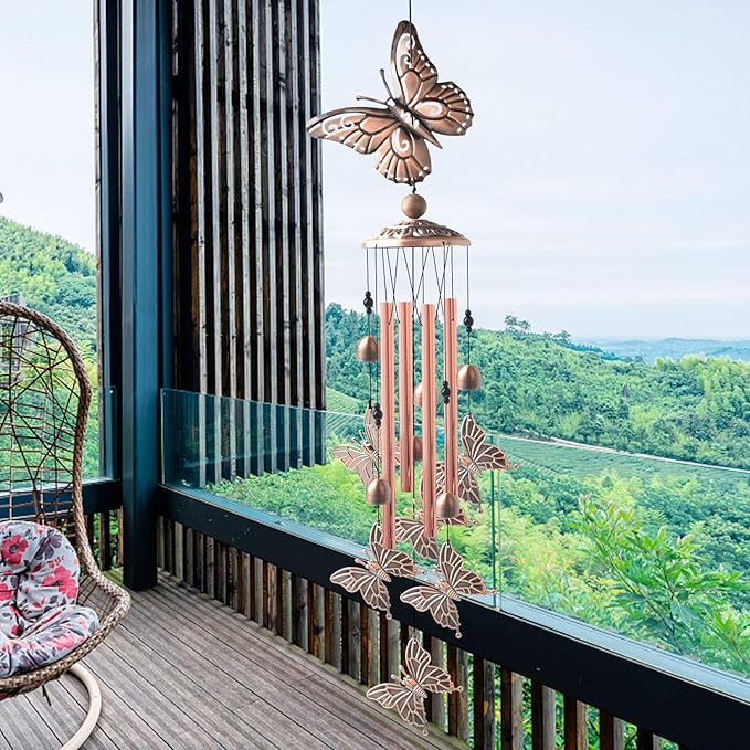 Butterfly Wind Chimes Brass, Sympathy Wind Chimes Outdoor Gifts for Mom Gift Garden Windchimes Decorations Outdoor Patio Decorations with S Hook Indoor and Outdoor.