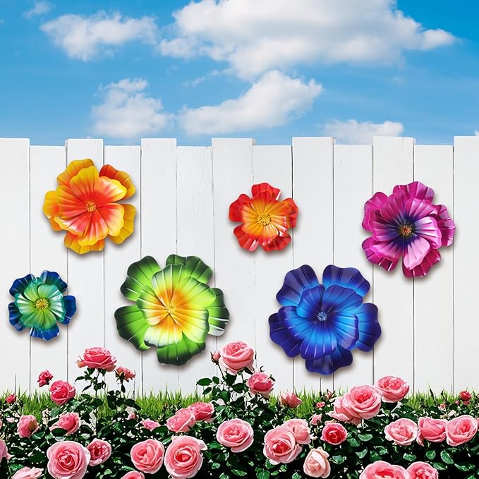 MorningRo 6 Pcs Metal Flowers Wall Art Decor Colorful 3D Hibiscus Fence Flowers Metal Wall Art Decoration Hanging Sculptures for Outdoor Garden Fence Lawn Balcony Yard Women Mother Gift
