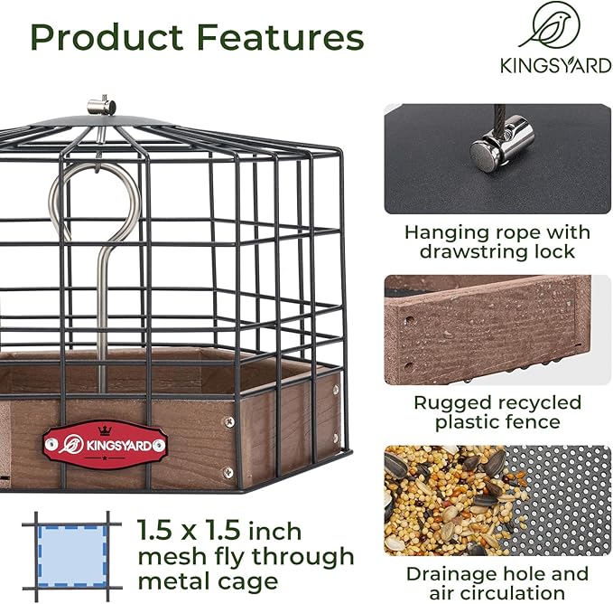 Kingsyard Squirrel Proof Platform Bird Feeders for Outdoor Hanging, 10" Wide Metal Caged Bird Feeder for Small Wildbirds Finches, Recycled Plastic Feeding Platform with Metal Seed Tray, Brown