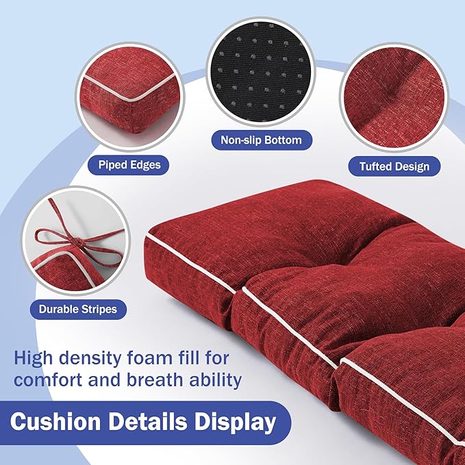 Bench Cushion, 42 x 16 Inch Patio Furniture Cushions with Durable Ties, Soft Memory Foam Bench Cushions for Indoor/Outdoor Furniture with Non-Slip Bottom, Kitchen&Dining, Red (Pack of 2)