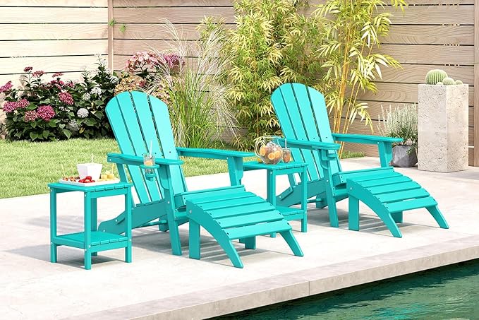 BRIOPAWS Folding-Adirondack-Chairs Set of 4 | HDPE Plastic | Fire Pit Chair | Cup Holder | Curved Back | All Weather | for Outdoor Backyard Deck Patio | Aqua