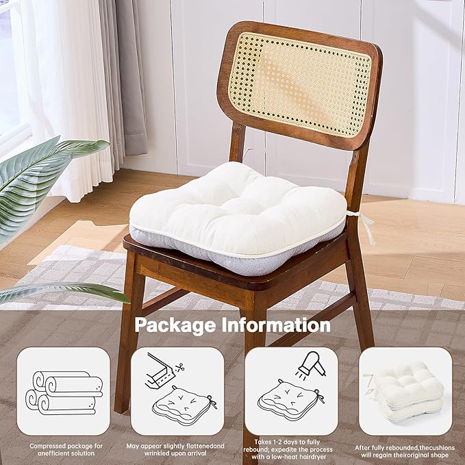 BETU White Chair Cushions for Dining Chairs Set of 6,3.5" Thick Kitchen Table Chair Pads with Ties,Non Slip Backing and Covers, Seat Cushion for Dining Room,Bar,Patio Chairs,16"X16"X3.5",White