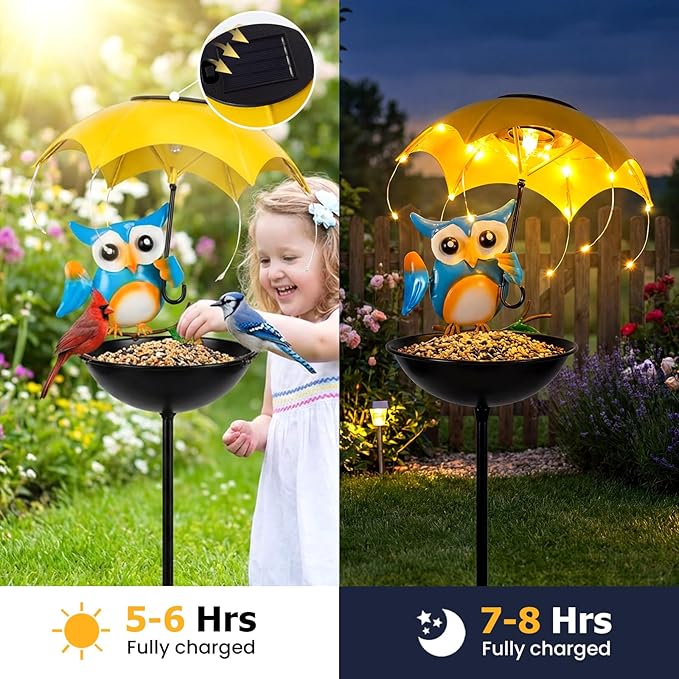 Solar Bird Feeders for Outdoors, Owl Garden Decor with LED Lights - Decorative Wildbird Cardinals Hummingbirds Feeders, Spring-Ready Yard Path Lawn Omaments, Garden Gifts for Women Mom