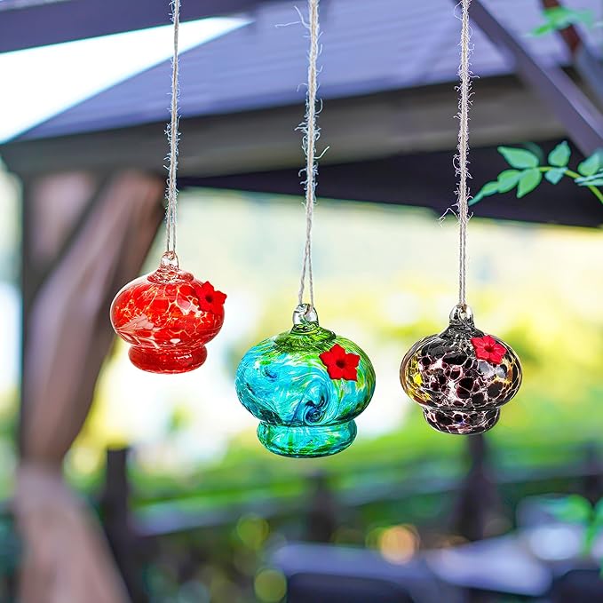 3 Pack Glass Hummingbird Feeders for Outdoors 3in Small Hand Blown Glass Bird Feeder with Flower Feeding Ports for Backyard Garden Decorations