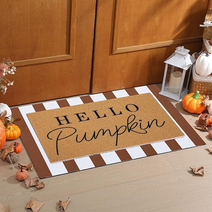 Tinideya 2 Pcs Fall Door Mat Hello Pumpkin Welcome Non Slip Coir Mats Thanksgiving Brown White Stripe Harvest Floor Layering Doormats Seasonal for Front Porch Entryway Decor(Brown White)