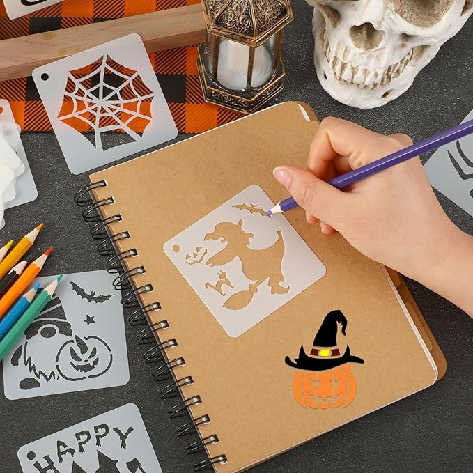 Augshy Halloween Stencils, 56 Pack Pumpkin Painting Stencil Ornament Stencils Plastic for Painting on Wood Ornaments Wood Slice DIY Crafts Fabrics Window Halloween Decoration (3 Inch)