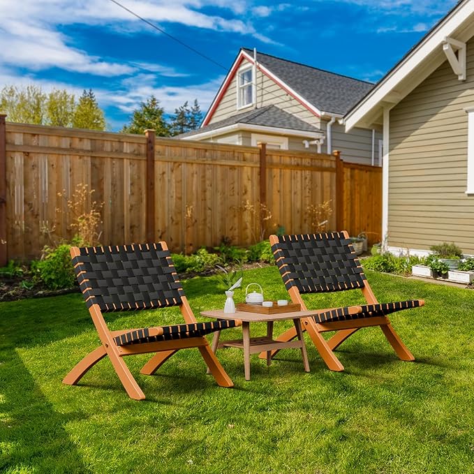 VINGLI Wooden Outdoor Chairs, Portable Rattan Folding Chair with Low Webbing Seat and Backrest, Adirondack Chairs, Ideal for Patio, Lawn, Garden, Fishing, Black, 2 Pack