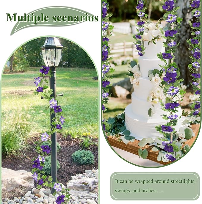 2 Pcs Artificial Flowers Vines Outdoors Silk Petunias Garland Spring Flowers Garland for Mantle 11 FT Fake Morning Glory Hanging Vines Plants for Mailbox Fence Wedding Banquet Decor Purple
