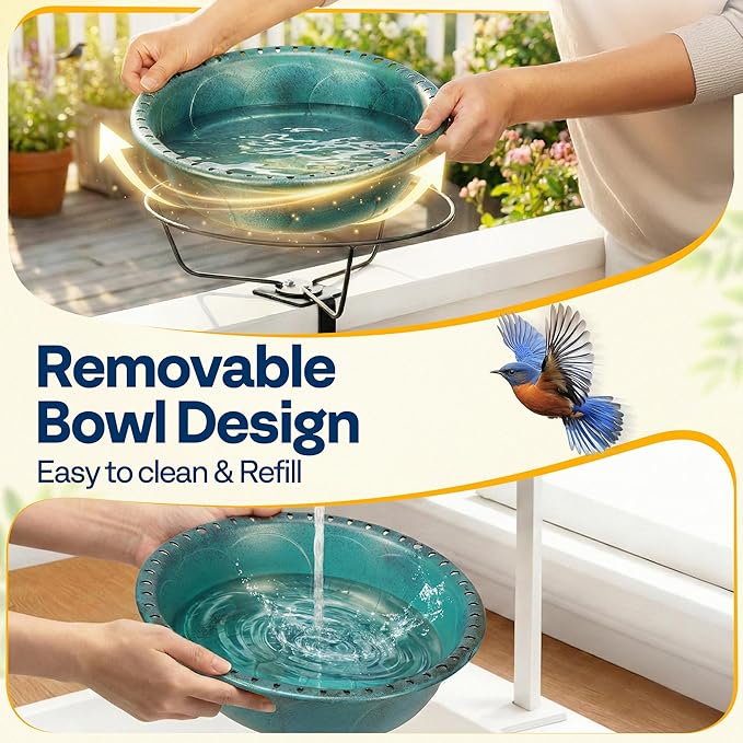 VIVOHOME Deck Mounted Bird Bath for Outside, Weather-Resistant ABS Bird Bath and Feeder with Adjustable Metal Clamp for Railing, Fence, Balcony, 1.45 Gallons, Green